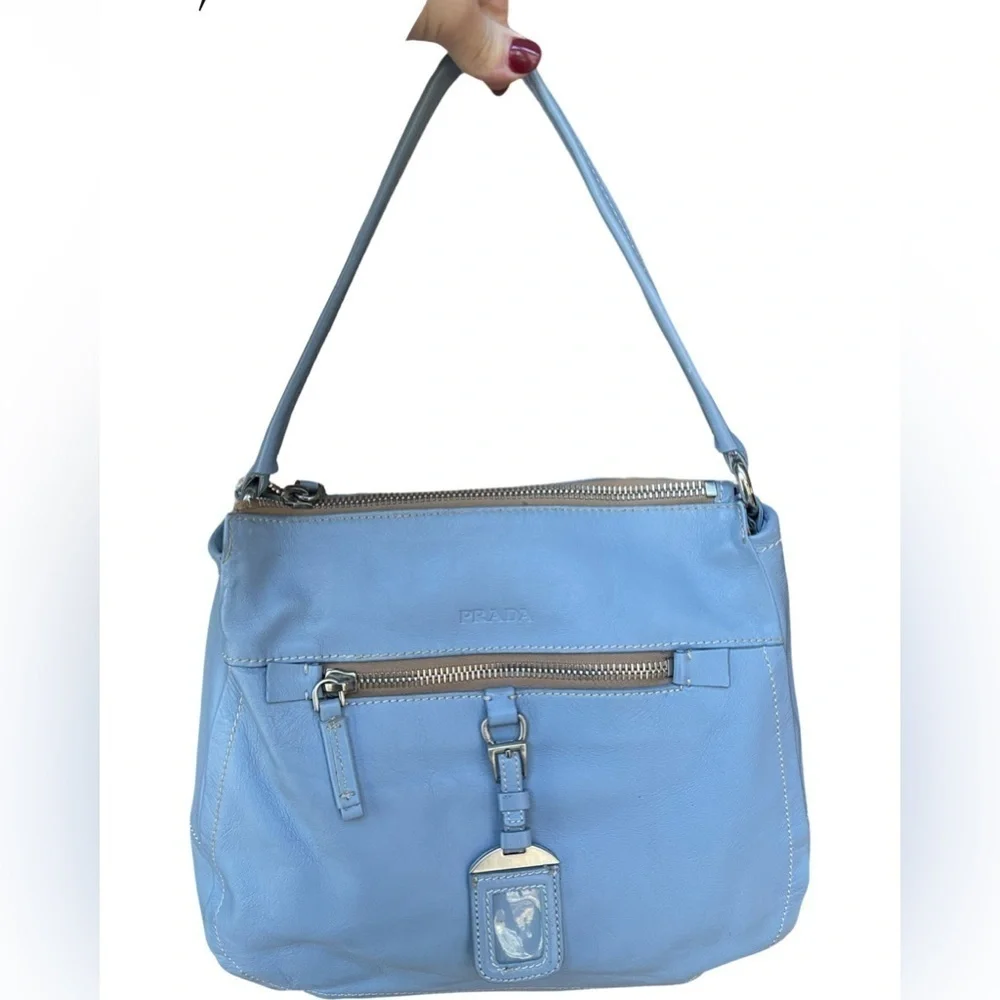 Prada Vitello Daino Blue Leather Hobo Bag